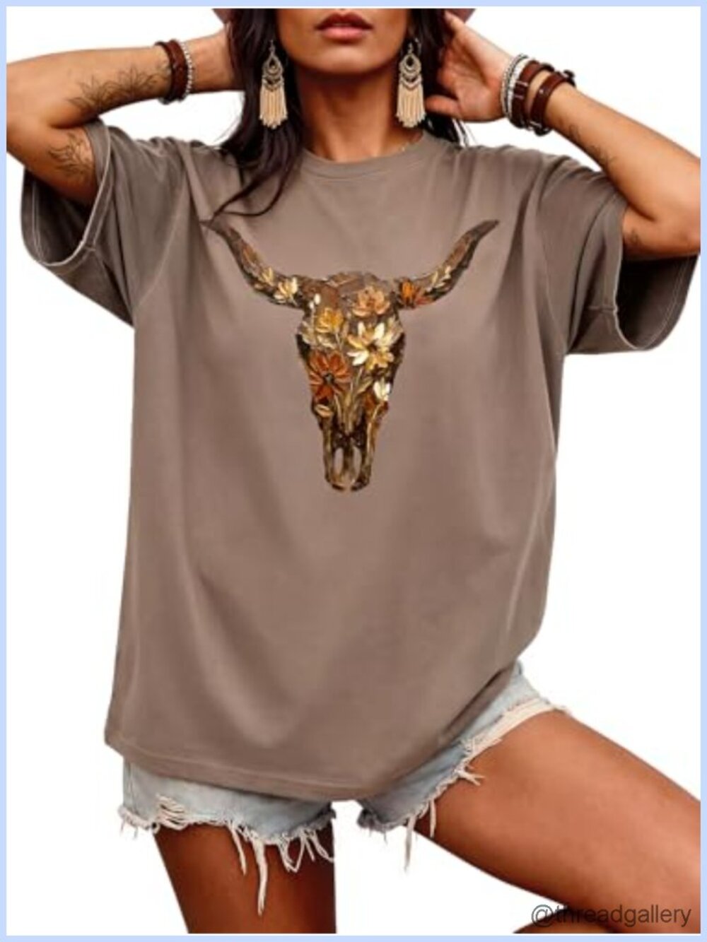 Oversized Western Graphic Tee Women Crew Neck Cotton Blend